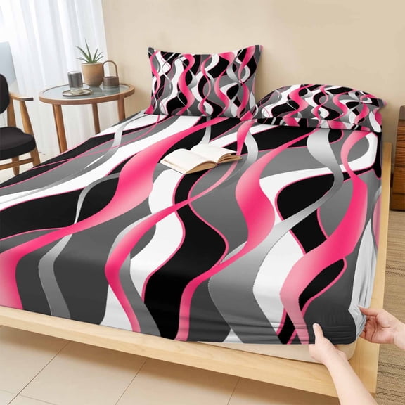 Twin Sze Fitted Sheet Set - Pink Stripe 2 Piece Bedding Sets 16" Deep Pocket Fitted Sheet with 1 Pillowcase, Gradient Grey Moire Geometric Modern Abstract Brushed Microfiber Hotel Luxury Bed Sheets