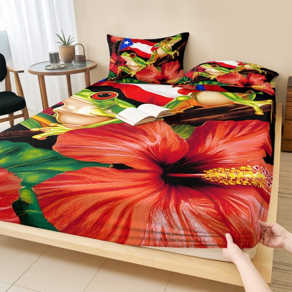 Twin Sze Fitted Sheet Set - Puerto Rico Flag 2 Piece Bedding Sets 16" Deep Pocket Fitted Sheet with 1 Pillowcase, Frog Red Flower Summer Leaf Brushed Microfiber Hotel Luxury Bed Sheets