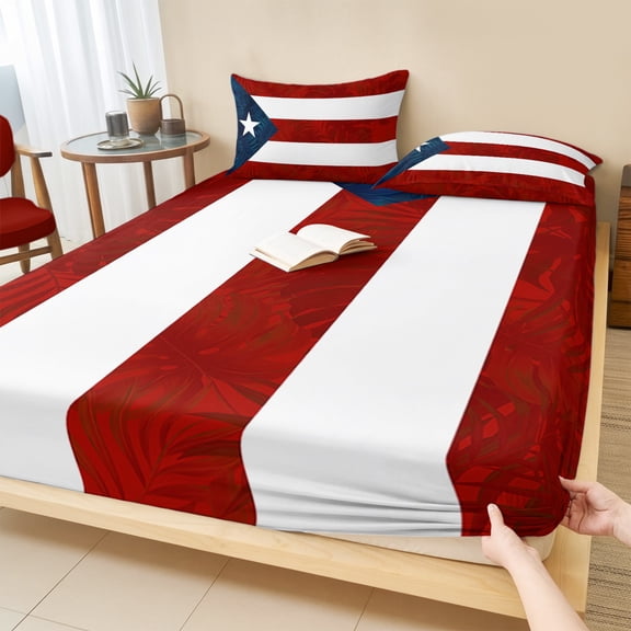 Twin Sze Fitted Sheet Set - Puerto Rico Flag 2 Piece Bedding Sets 16" Deep Pocket Fitted Sheet with 1 Pillowcase, Palm Leaf Botanical Red Striped Blue Star Brushed Microfiber Hotel Luxury Bed Sheets