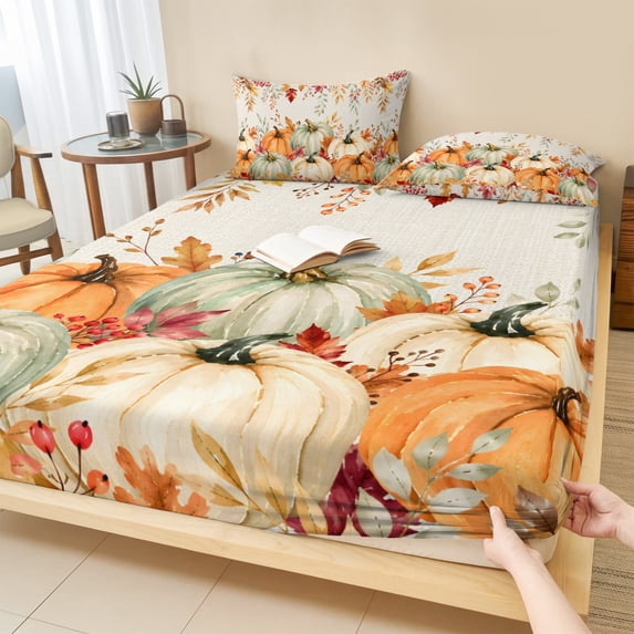 Twin Sze Fitted Sheet Set - Pumpkins Fall 2 Piece Bedding Sets 16" Deep Pocket Fitted Sheet with 1 Pillowcase, Maple Leaves Thanksgiving Farmhouse Brushed Microfiber Hotel Luxury Bed Sheets
