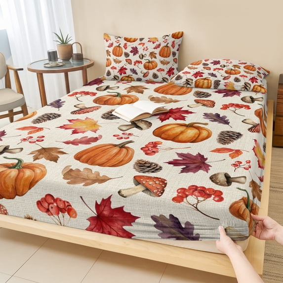 Twin Sze Fitted Sheet Set - Pumpkins Fall 2 Piece Bedding Sets 16" Deep Pocket Fitted Sheet with 1 Pillowcase, Thanksgiving Maple Leaves Mushroom Beige Brushed Microfiber Hotel Luxury Bed Sheets