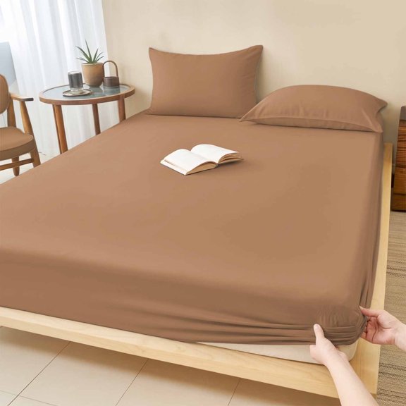 Twin Sze Fitted Sheet Set - Pure Khaki 2 Piece Bedding Sets 16" Deep Pocket Fitted Sheet with 1 Pillowcase, Modern Solid Color Minimalist Art Brushed Microfiber Hotel Luxury Bed Sheets