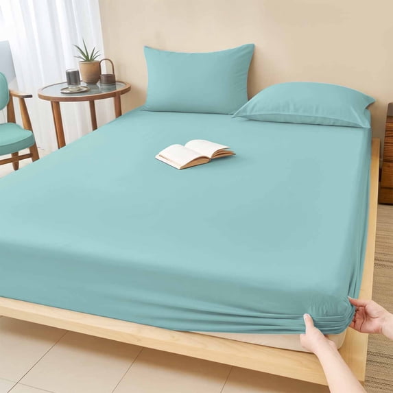 Twin Sze Fitted Sheet Set - Pure Mint Green 2 Piece Bedding Sets 16" Deep Pocket Fitted Sheet with 1 Pillowcase, Modern Solid Color Minimalist Art Brushed Microfiber Hotel Luxury Bed Sheets