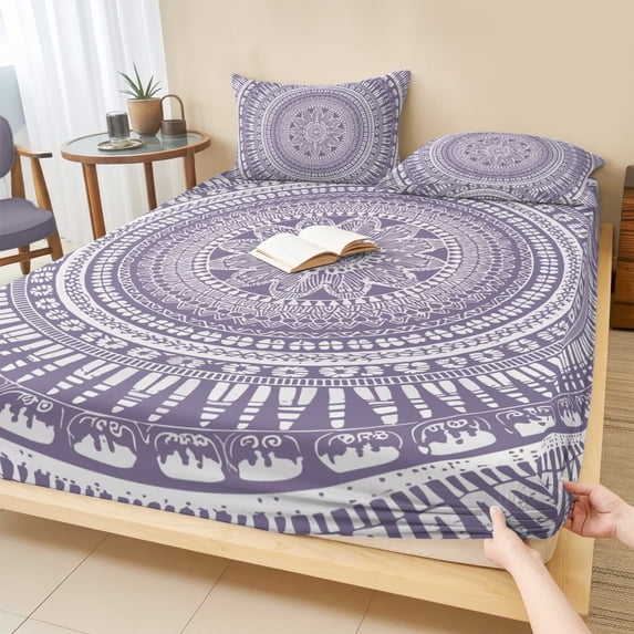 Twin Sze Fitted Sheet Set - Purple Boho 2 Piece Bedding Sets 16" Deep Pocket Fitted Sheet with 1 Pillowcase, Mantoro Flower Modern Abstract Bohemian Floral Brushed Microfiber Hotel Luxury Bed Sheets
