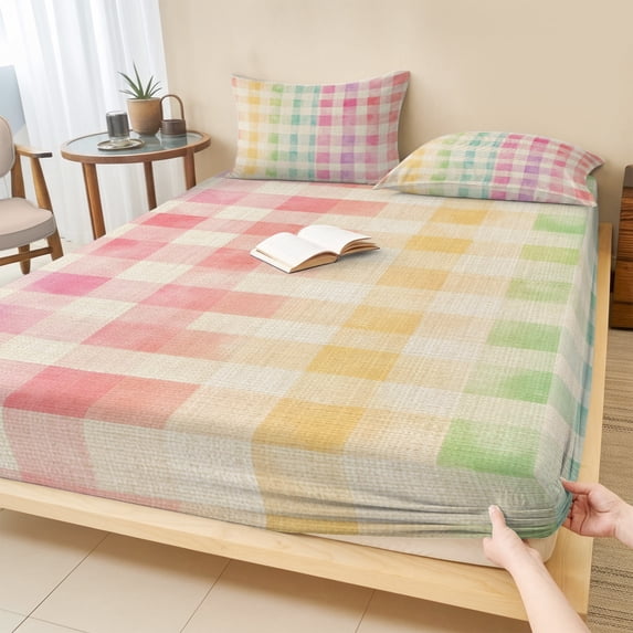 Twin Sze Fitted Sheet Set - Purple Pink Plaid 2 Piece Bedding Sets 16" Deep Pocket Fitted Sheet with 1 Pillowcase, Yellow Green Red Turquoise Colorful Brushed Microfiber Hotel Luxury Bed Sheets