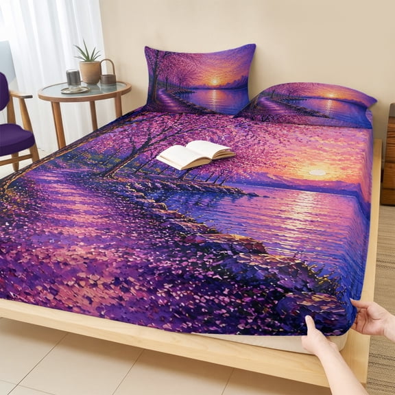 Twin Sze Fitted Sheet Set - Purple Tree 2 Piece Bedding Sets 16" Deep Pocket Fitted Sheet with 1 Pillowcase, Fantasy Sunset Lakeside Path Mountains Ripples Brushed Microfiber Hotel Luxury Bed Sheets