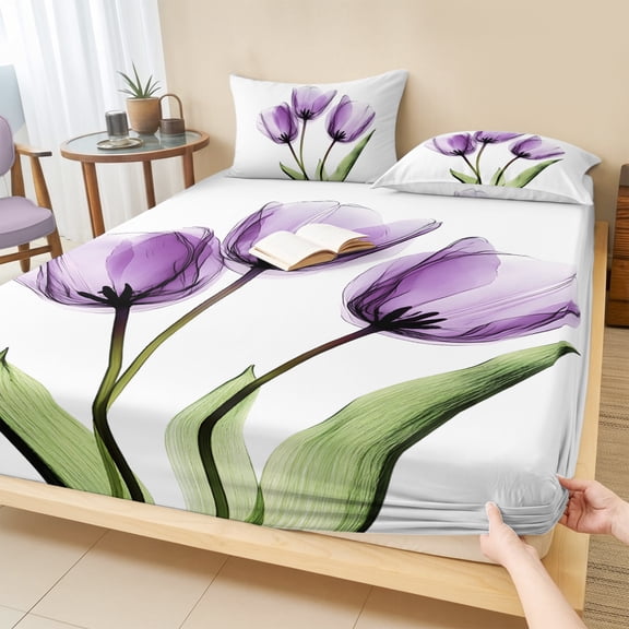 Twin Sze Fitted Sheet Set - Purple Tulip 2 Piece Bedding Sets 16" Deep Pocket Fitted Sheet with 1 Pillowcase, Aesthetic Pastoral Flower Floral Spring Brushed Microfiber Hotel Luxury Bed Sheets