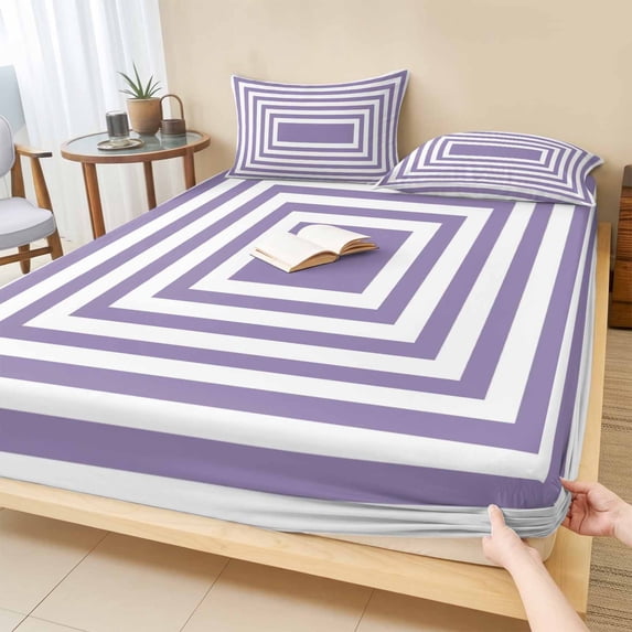 Twin Sze Fitted Sheet Set - Purple White Geometric 2 Piece Bedding Sets 16" Deep Pocket Fitted Sheet with 1 Pillowcase, Square Minimalist Modern Brushed Microfiber Hotel Luxury Bed Sheets