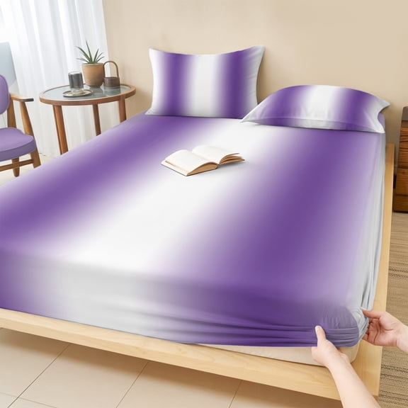 Twin Sze Fitted Sheet Set - Purple White Ombre 2 Piece Bedding Sets 16" Deep Pocket Fitted Sheet with 1 Pillowcase, Modern Abstract Art Farmhouse Gradient Brushed Microfiber Hotel Luxury Bed Sheets