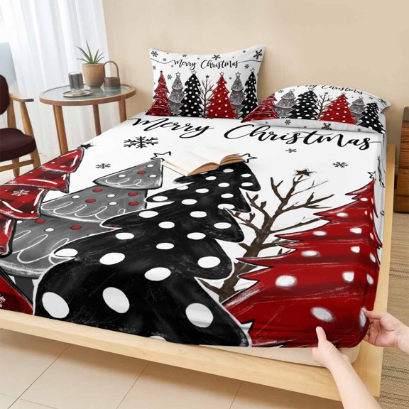Twin Sze Fitted Sheet Set - Red Black Christmas Tree 2 Piece Bedding Sets 16" Deep Pocket Fitted Sheet with 1 Pillowcase, Xmas Tree Snowflake Brushed Microfiber Hotel Luxury Bed Sheets