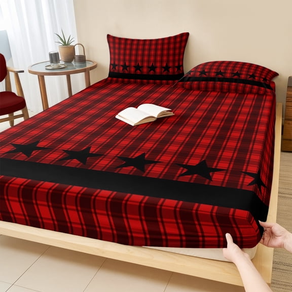 Twin Sze Fitted Sheet Set - Red Black Plaid 2 Piece Bedding Sets 16" Deep Pocket Fitted Sheet with 1 Pillowcase, Country Vintage Star Abstract Gingham Brushed Microfiber Hotel Luxury Bed Sheets
