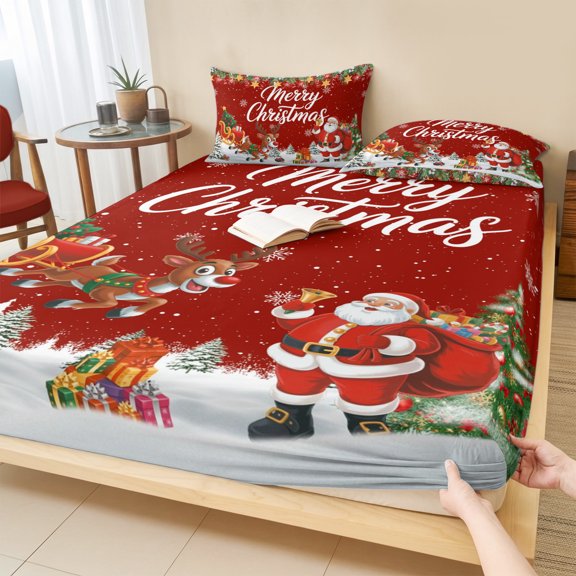 Twin Sze Fitted Sheet Set - Red Christmas 2 Piece Bedding Sets 16" Deep Pocket Fitted Sheet with 1 Pillowcase, Santa Elk Gifts Snowflake Winter Xmas Tree Brushed Microfiber Hotel Luxury Bed Sheets