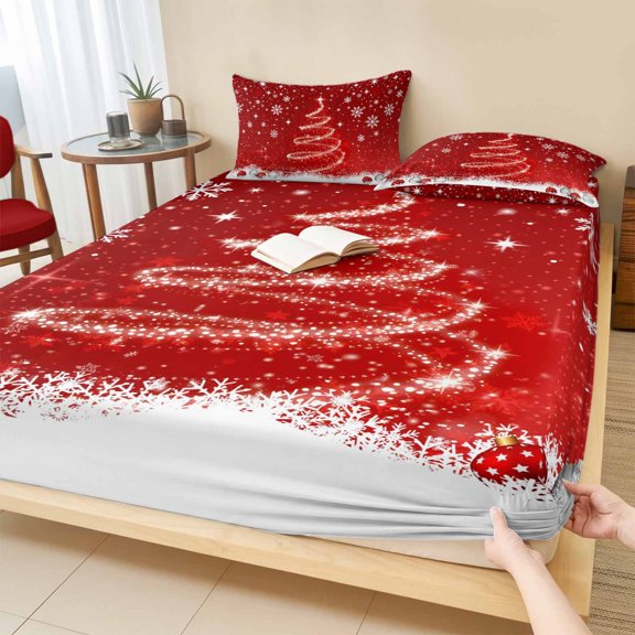 Twin Sze Fitted Sheet Set - Red Christmas 2 Piece Bedding Sets 16" Deep Pocket Fitted Sheet with 1 Pillowcase, Snowflake Xmas Tree Ball Winter Modern Abstract Art Brushed Microfiber Hotel Bed Sheets