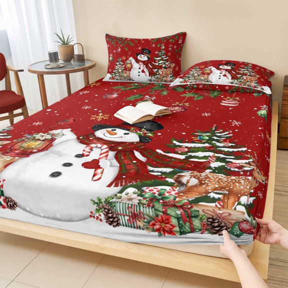 Twin Sze Fitted Sheet Set - Red Christmas Snowman 2 Piece Bedding Sets 16" Deep Pocket Fitted Sheet with 1 Pillowcase, Xmas Snowflake Elk Tree Balls Brushed Microfiber Hotel Luxury Bed Sheets