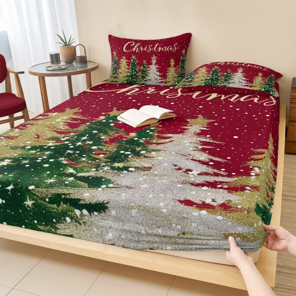 Twin Sze Fitted Sheet Set - Red Christmas Tree 2 Piece Bedding Sets 16" Deep Pocket Fitted Sheet with 1 Pillowcase, Green Yellow Gray Xmas Tree Snowflake Brushed Microfiber Hotel Luxury Bed Sheets