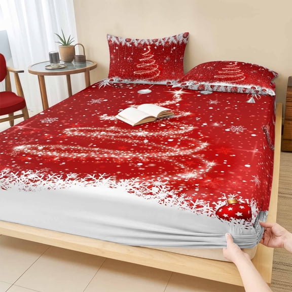 Twin Sze Fitted Sheet Set - Red Christmas Tree 2 Piece Bedding Sets 16" Deep Pocket Fitted Sheet with 1 Pillowcase, Xmas Balls Snowflake Pine Needles Brushed Microfiber Hotel Luxury Bed Sheets