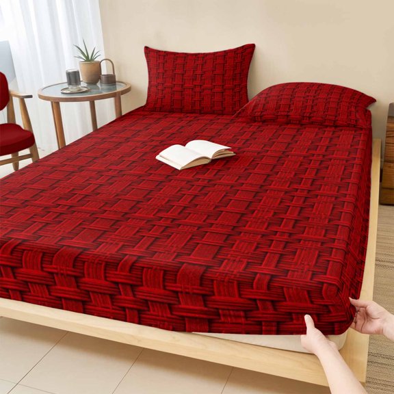 Twin Sze Fitted Sheet Set - Red Rattan Stripe 2 Piece Bedding Sets 16" Deep Pocket Fitted Sheet with 1 Pillowcase, Modern Farmhouse Chic Country Textured Brushed Microfiber Hotel Luxury Bed Sheets