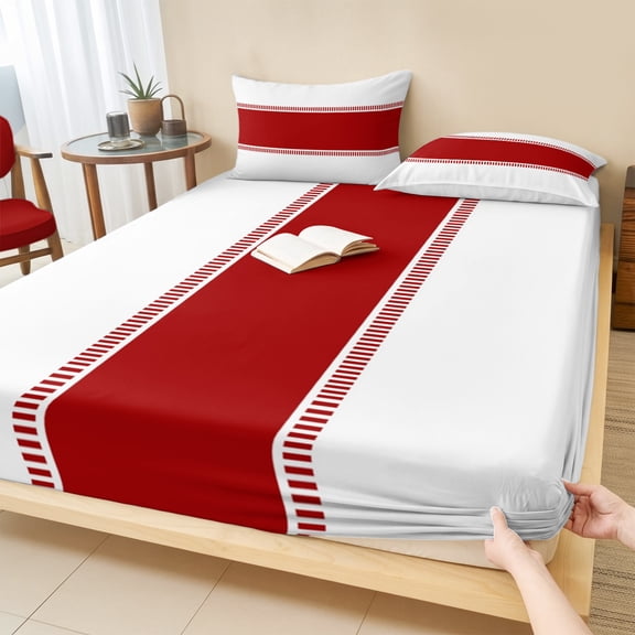 Twin Sze Fitted Sheet Set - Red Solid Color Texture 2 Piece Bedding Sets 16" Deep Pocket Fitted Sheet with 1 Pillowcase, Simple Red Stripes Brushed Microfiber Hotel Luxury Bed Sheets