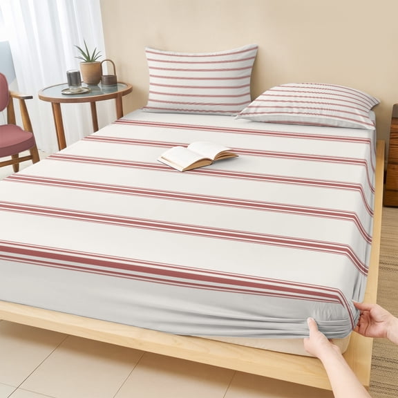 Twin Sze Fitted Sheet Set - Red Striped 2 Piece Bedding Sets 16" Deep Pocket Fitted Sheet with 1 Pillowcase, Rustic Red Stripe Modern Art Beige Brushed Microfiber Hotel Luxury Bed Sheets