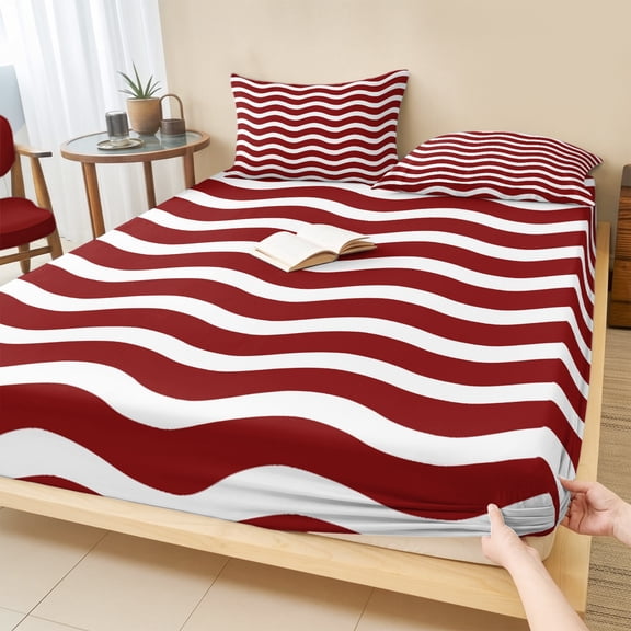 Twin Sze Fitted Sheet Set - Red White 2 Piece Bedding Sets 16" Deep Pocket Fitted Sheet with 1 Pillowcase, Modern Abstract Waves Water Ripple Striped Brushed Microfiber Hotel Luxury Bed Sheets