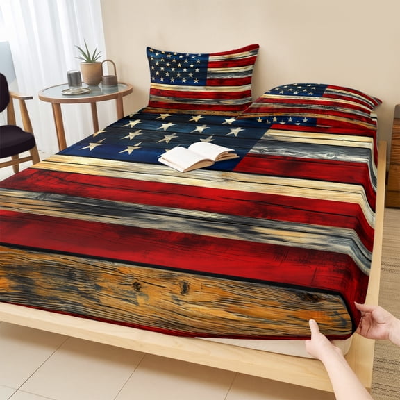 Twin Sze Fitted Sheet Set - Retro American Flag 2 Piece Bedding Sets 16" Deep Pocket Fitted Sheet with 1 Pillowcase, Blue Red USA Flag Vintage Wood Brushed Microfiber Hotel Luxury Bed Sheets