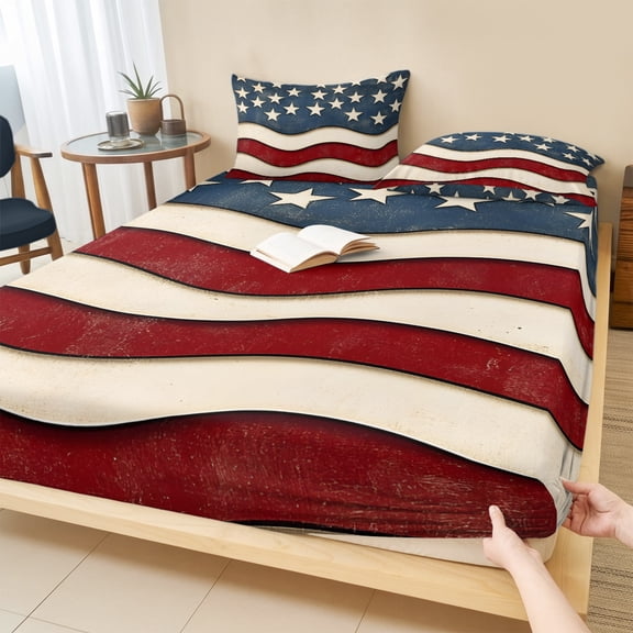 Twin Sze Fitted Sheet Set - Retro American Flag 2 Piece Bedding Sets 16" Deep Pocket Fitted Sheet with 1 Pillowcase, White Star Red Blue US Flag Brushed Microfiber Hotel Luxury Bed Sheets