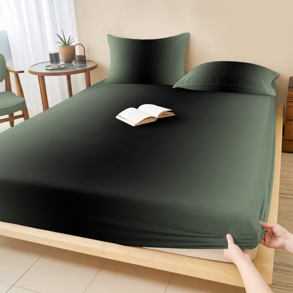 Twin Sze Fitted Sheet Set - Sage Green Black Ombre 2 Piece Bedding Sets 16" Deep Pocket Fitted Sheet with 1 Pillowcase, Gradient Contemporary Abstract Art Brushed Microfiber Hotel Luxury Bed Sheets