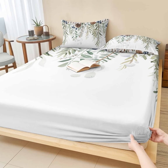 Twin Sze Fitted Sheet Set - Sage Green Christmas 2 Piece Bedding Sets 16" Deep Pocket Fitted Sheet with 1 Pillowcase, Weeping Xmas Berry Pine Cones Brushed Microfiber Hotel Luxury Bed Sheets