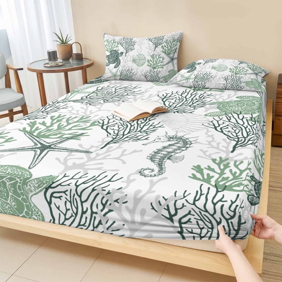 Twin Sze Fitted Sheet Set - Sage Green Coastal 2 Piece Bedding Sets 16" Deep Pocket Fitted Sheet with 1 Pillowcase, Sea Turtle Nautical Coral Summer Beach Brushed Microfiber Hotel Luxury Bed Sheets