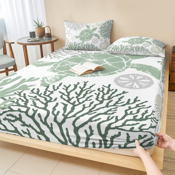 Twin Sze Fitted Sheet Set - Sage Green Coastal Turtle 2 Piece Bedding Sets 16" Deep Pocket Fitted Sheet with 1 Pillowcase, Ocean Coral Nautical Brushed Microfiber Hotel Luxury Bed Sheets