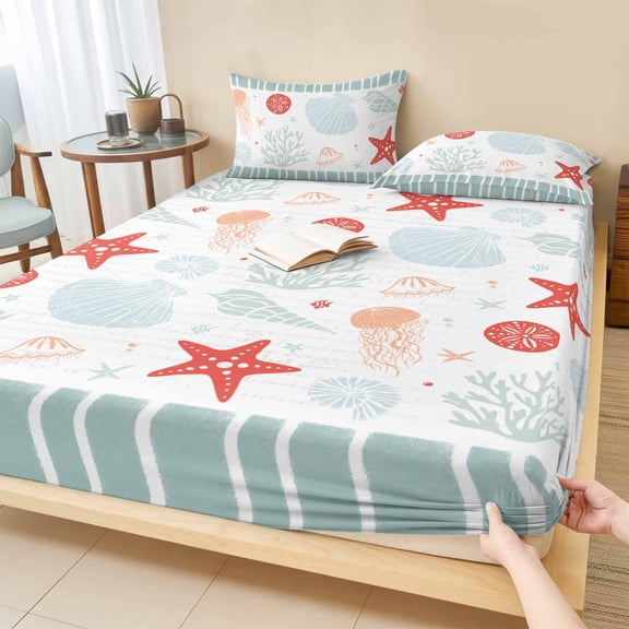 Twin Sze Fitted Sheet Set - Sage Green Red Coastal 2 Piece Bedding Sets 16" Deep Pocket Fitted Sheet with 1 Pillowcase, Ocean Nautical Starfish Coral Striped Brushed Microfiber Hotel Bed Sheets