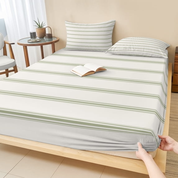 Twin Sze Fitted Sheet Set - Sage Green Striped 2 Piece Bedding Sets 16" Deep Pocket Fitted Sheet with 1 Pillowcase, Rustic Green Stripe Modern Art Beige Brushed Microfiber Hotel Luxury Bed Sheets