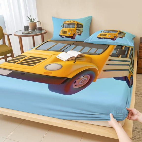 Twin Sze Fitted Sheet Set - School Bus 2 Piece Bedding Sets 16" Deep Pocket Fitted Sheet with 1 Pillowcase, Cartoon Funny Yellow Transportation Truck Blue Brushed Microfiber Hotel Luxury Bed Sheets