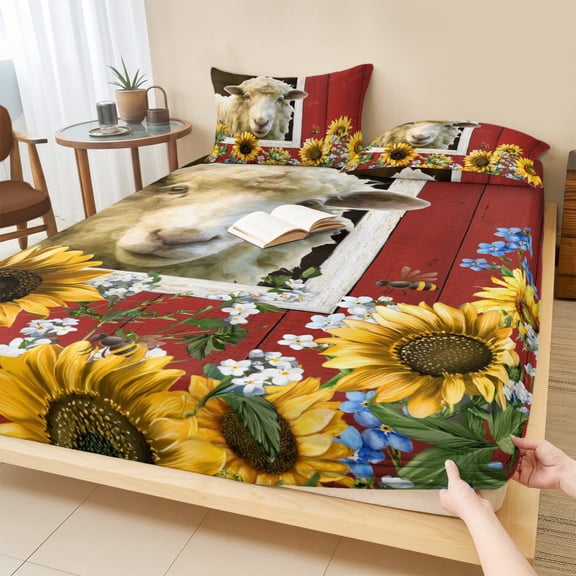 Twin Sze Fitted Sheet Set - Sheep Flowers 2 Piece Bedding Sets 16" Deep Pocket Fitted Sheet with 1 Pillowcase, Country Red Barn Botanical Sunflowers Brushed Microfiber Hotel Luxury Bed Sheets