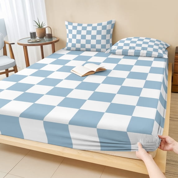 Twin Sze Fitted Sheet Set - Sky Blue Checkered 2 Piece Bedding Sets 16" Deep Pocket Fitted Sheet with 1 Pillowcase, Geometric Buffalo Plaid Blue Brushed Microfiber Hotel Luxury Bed Sheets
