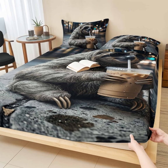 Twin Sze Fitted Sheet Set - Sloth Drink Iced Coffee 2 Piece Bedding Sets 16" Deep Pocket Fitted Sheet with 1 Pillowcase, City Sidewalk Modern Funny Animal Brushed Microfiber Hotel Luxury Bed Sheets