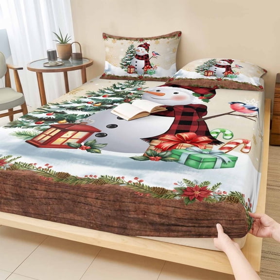 Twin Sze Fitted Sheet Set - Snowman Christmas 2 Piece Bedding Sets 16" Deep Pocket Fitted Sheet with 1 Pillowcase, Xmas Tree Snowflake Gifts Winter Brushed Microfiber Hotel Luxury Bed Sheets