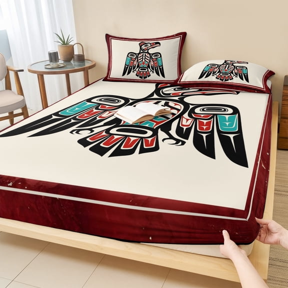 Twin Sze Fitted Sheet Set - Southwestern Tribe 2 Piece Bedding Sets 16" Deep Pocket Fitted Sheet with 1 Pillowcase, Farmhouse Birds Chic Traditional Motifs Brushed Microfiber Hotel Luxury Bed Sheets