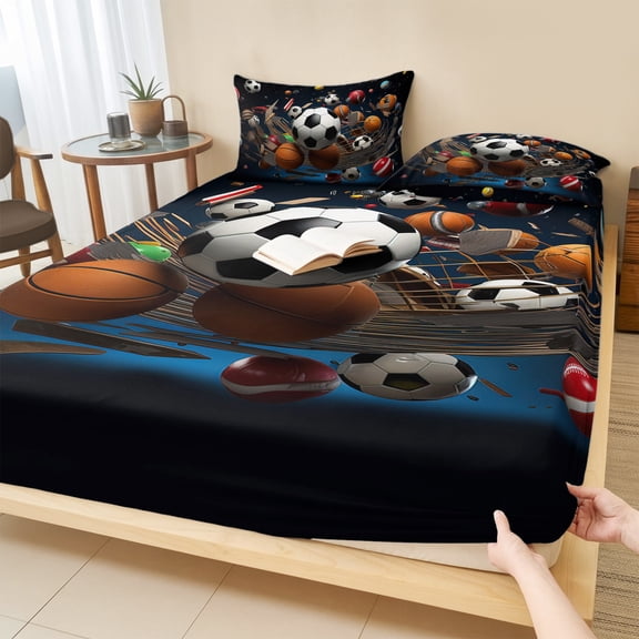 Twin Sze Fitted Sheet Set - Sports 2 Piece Bedding Sets 16" Deep Pocket Fitted Sheet with 1 Pillowcase, Football Basketball Baseball Ball Games Brushed Microfiber Hotel Luxury Bed Sheets