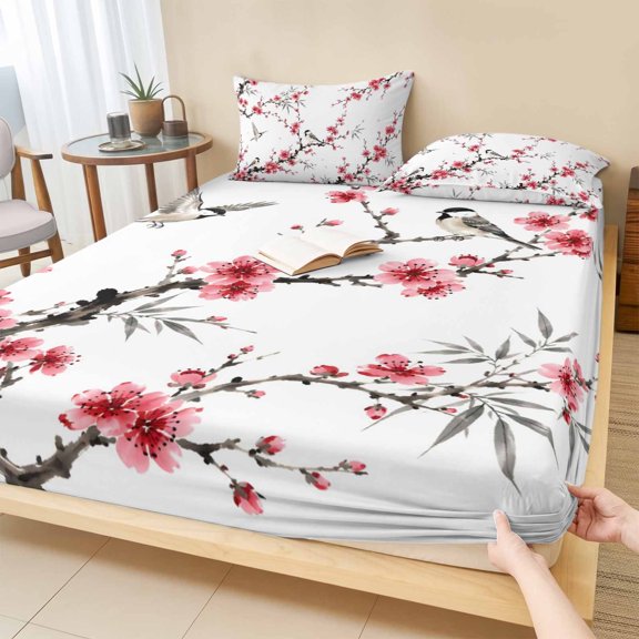 Twin Sze Fitted Sheet Set - Spring Botanical 2 Piece Bedding Sets 16" Deep Pocket Fitted Sheet with 1 Pillowcase, Farmhouse Cheery Flower Branches Birds Brushed Microfiber Hotel Luxury Bed Sheets