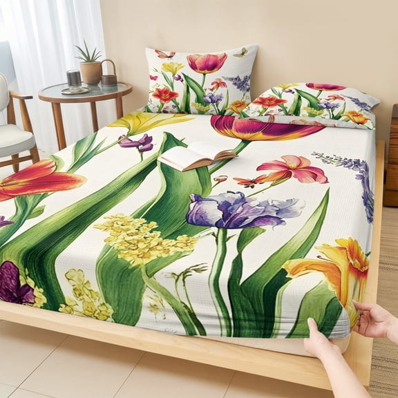 Twin Sze Fitted Sheet Set - Spring Floral 2 Piece Bedding Sets 16" Deep Pocket Fitted Sheet with 1 Pillowcase, Rustic Tulip Butterfly Botanical Summer Brushed Microfiber Hotel Luxury Bed Sheets