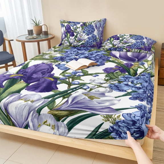 Twin Sze Fitted Sheet Set - Spring Flowers 2 Piece Bedding Sets 16" Deep Pocket Fitted Sheet with 1 Pillowcase, Purple Hydrangea Orchid Floral Country Brushed Microfiber Hotel Luxury Bed Sheets