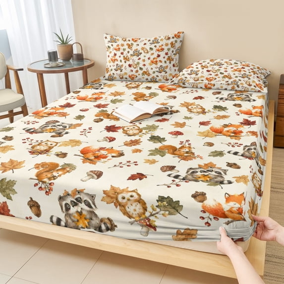 Twin Sze Fitted Sheet Set - Squirrel Fall 2 Piece Bedding Sets 16" Deep Pocket Fitted Sheet with 1 Pillowcase, Beige Mushroom Maple Leaves Thanksgiving Brushed Microfiber Hotel Luxury Bed Sheets