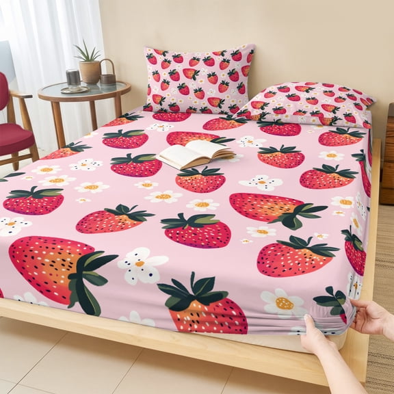 Twin Sze Fitted Sheet Set - Strawberry 2 Piece Bedding Sets 16" Deep Pocket Fitted Sheet with 1 Pillowcase, Pink Spring Summer Rustic Floral Fruit Brushed Microfiber Hotel Luxury Bed Sheets