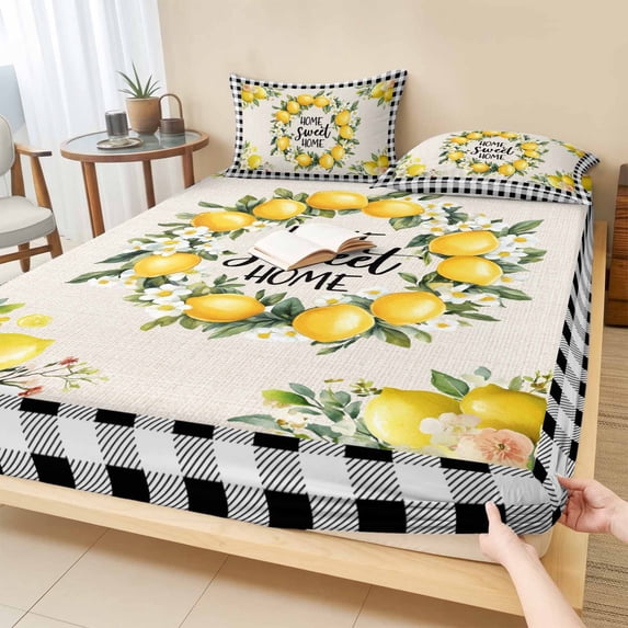 Twin Sze Fitted Sheet Set - Summer Lemon 2 Piece Bedding Sets 16" Deep Pocket Fitted Sheet with 1 Pillowcase, Farmhouse Black Check Plaid Vintage Brushed Microfiber Hotel Luxury Bed Sheets