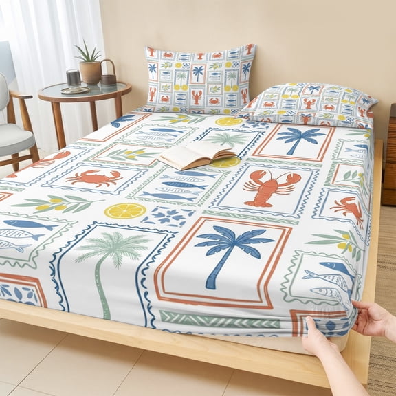 Twin Sze Fitted Sheet Set - Summer Tropical Plants 2 Piece Bedding Sets 16" Deep Pocket Fitted Sheet with 1 Pillowcase, Palm Tree Fish Lobster Crab Lemon Brushed Microfiber Hotel Luxury Bed Sheets