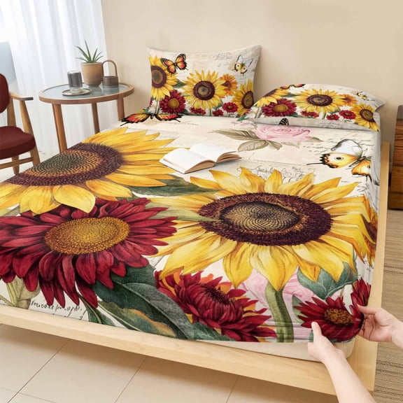 Twin Sze Fitted Sheet Set - Sunflower Farmhouse 2 Piece Bedding Sets 16" Deep Pocket Fitted Sheet with 1 Pillowcase, Spring Summer Retro Butterfly Flowers Brushed Microfiber Hotel Luxury Bed Sheets