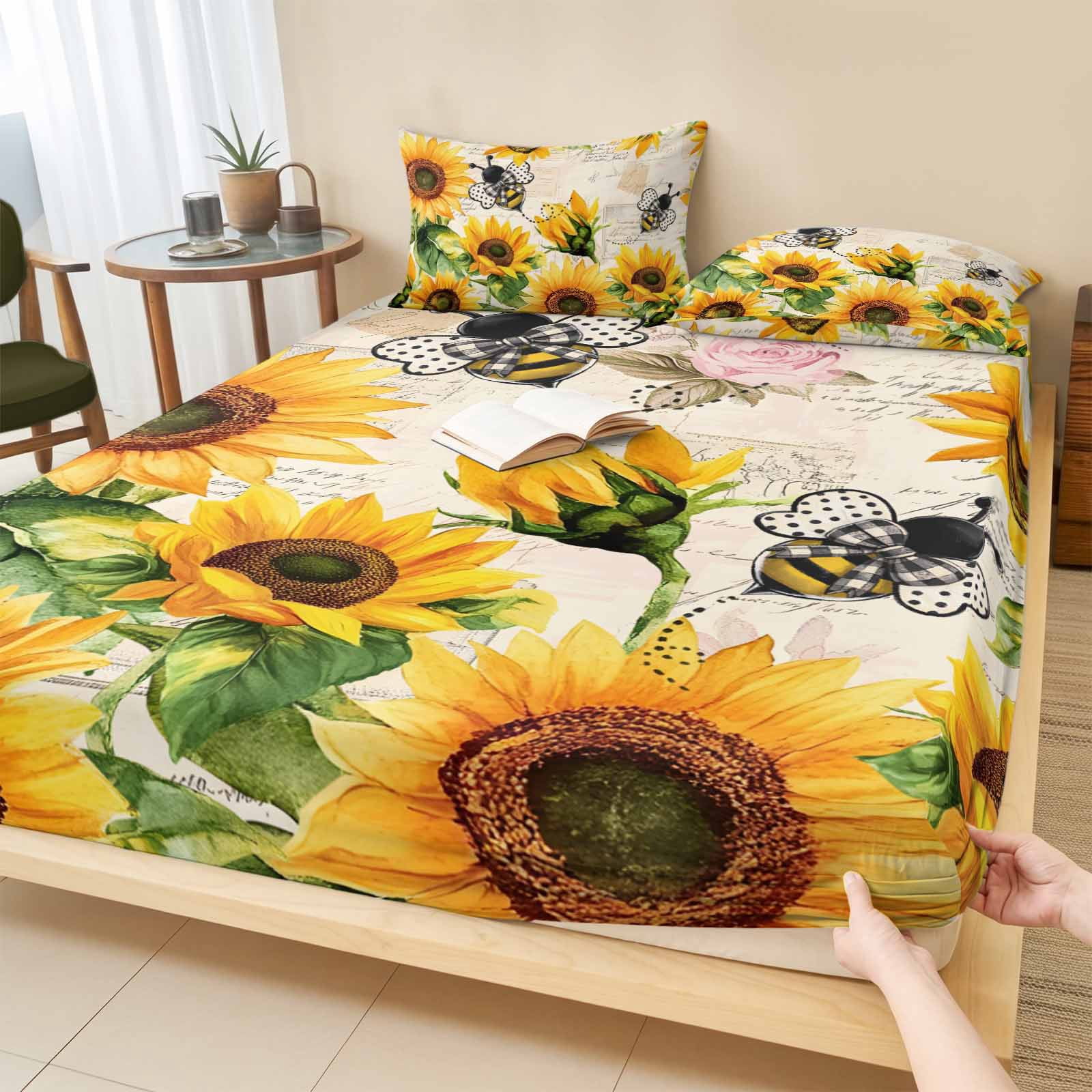 Twin Sze Fitted Sheet Set - Sunflower Farmhouse 2 Piece Bedding Sets 16" Deep Pocket Fitted Sheet with 1 Pillowcase, Spring Summer Vintage Floral Bee Brushed Microfiber Hotel Luxury Bed Sheets