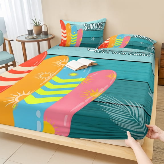 Twin Sze Fitted Sheet Set - Surfboard 2 Piece Bedding Sets 16" Deep Pocket Fitted Sheet with 1 Pillowcase, Summer Starfish Palm Leaf Wood Grain Blue Brushed Microfiber Hotel Luxury Bed Sheets