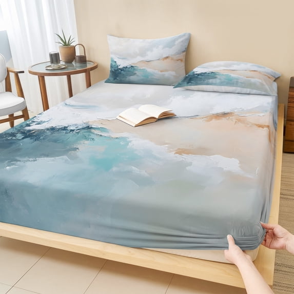 Twin Sze Fitted Sheet Set - Teal Beige 2 Piece Bedding Sets 16" Deep Pocket Fitted Sheet with 1 Pillowcase, Modern Oil Painting Art Coastal Brushed Microfiber Hotel Luxury Bed Sheets